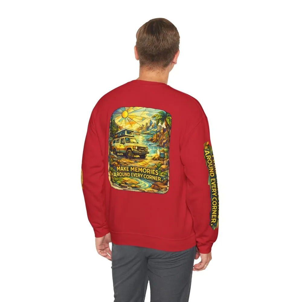 Unisex Heavy Blend™ Crewneck Sweatshirt — "Make Memories Around Every Corner" Design Cubic-Line