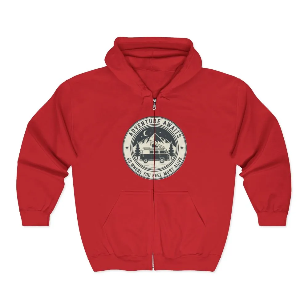2287833960818072712_2048.jpeg Zip Hoodie — "Adventure Awaits-Go Where You Feel Most Alive" (Only Front Printed) Camper Van Adventure Zip-Up
