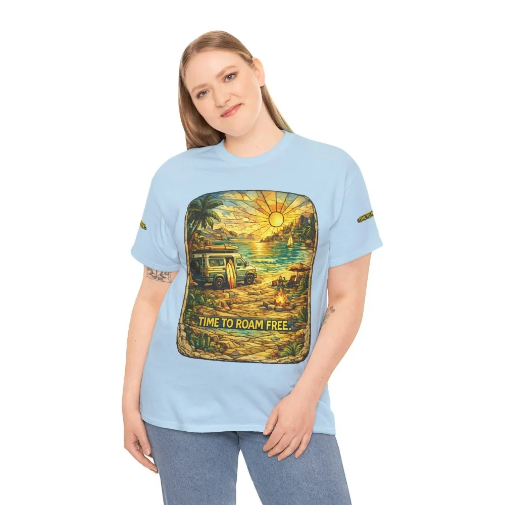 Unisex Heavy Cotton Tee — "Time To Roam Free" Design Cubic-Line