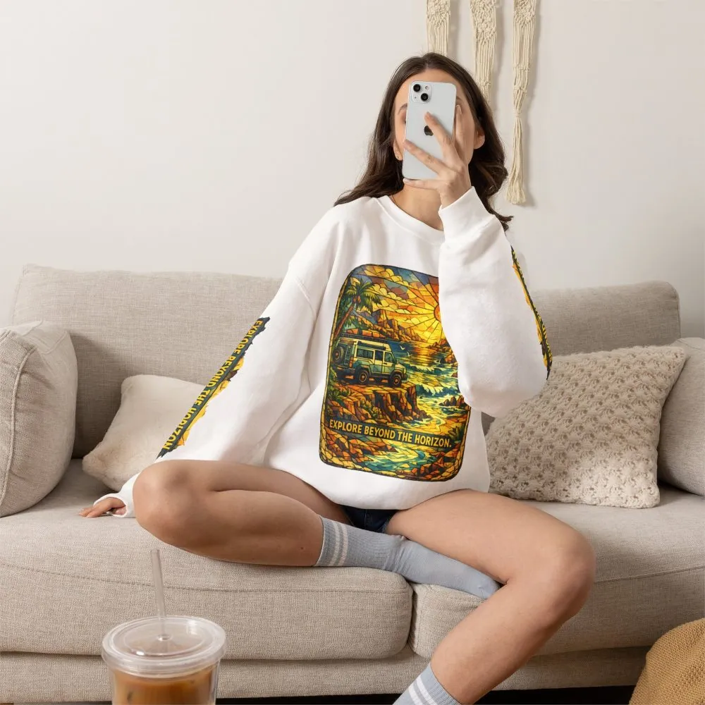 Unisex Heavy Blend™ Crewneck Sweatshirt — "Explore Beyond The Horizon" Design Cubic-Line