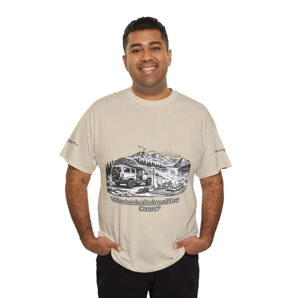 2348365529916587737_2048.jpeg Unisex Heavy Cotton Tee — "Adventure Awaits Around Every Corner" Design Minimal-Line