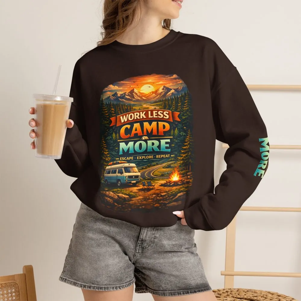 2351375715449159037_2048.jpeg Unisex Heavy Blend™ Crewneck Sweatshirt — "Work Less-Camp More" Design Scenic-Line