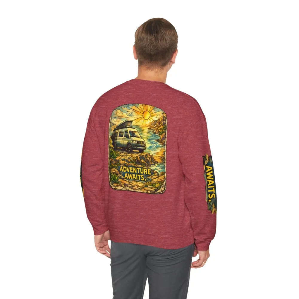 Unisex Heavy Blend™ Crewneck Sweatshirt — "Adventure Awaits" Design Cubic-Line