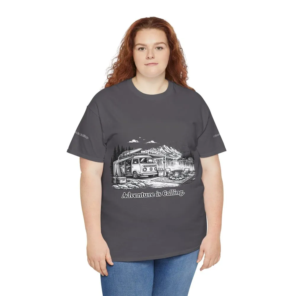 Unisex Heavy Cotton Tee — "Adventure Is Calling" Design Minimal-Line
