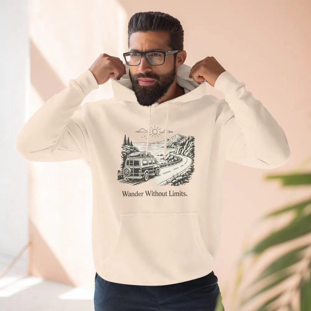 Three-Panel Fleece Hoodie - "Wander Without Limits" Design Minimal-Line