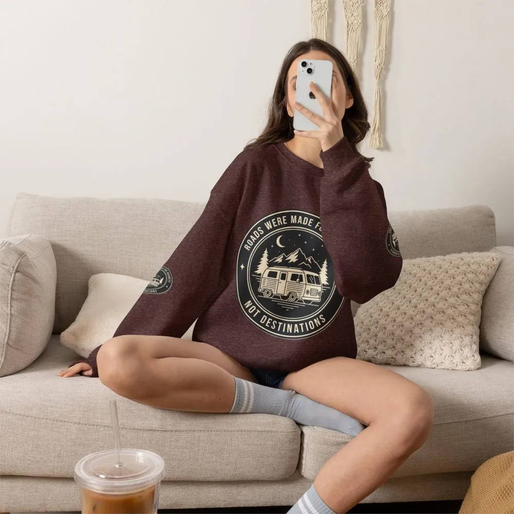 2436016932669023133_2048.jpeg Crewneck Sweatshirt — "ROAD WHERE MADE FOR JOURNEYS-NOT DESTINATIONS" (Font + Back + Sleaves printed) Vintage Camper Van Outdoor Graphic