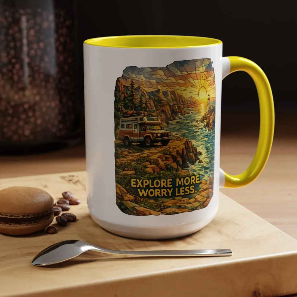 Accent Coffee Mug (11, 15oz) — "Explore More Worry Less" Design Cubic-Line