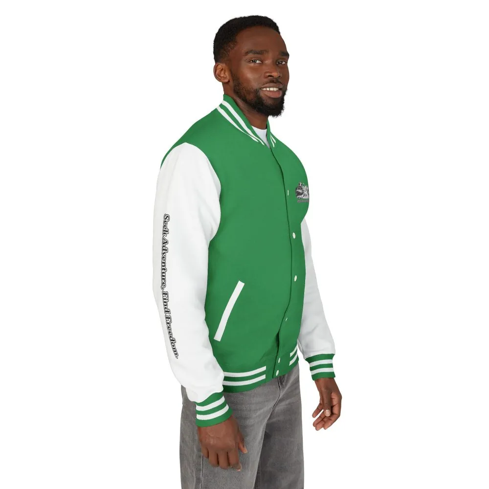 Unisex Heavyweight Letterman Jacket — "Seek Adventure, Find Freedom" Travel Varsity Coat