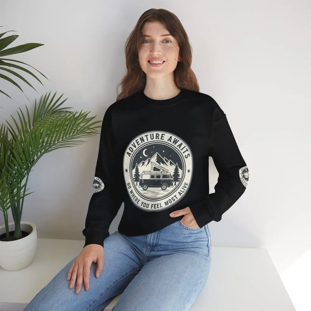 Crewneck Sweatshirt — "Adventure Awaits-Go Where You Feel Most Alive" (Font + Back + Sleaves printed) Vintage Camper Van Outdoor Graphic