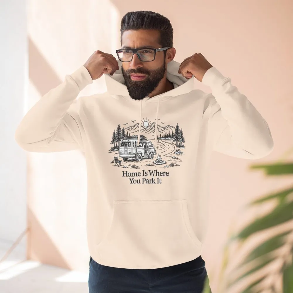 2511979500937514684_2048.jpeg Three-Panel Fleece Hoodie - "Home Is Where You Park It" Design Minimal-Line