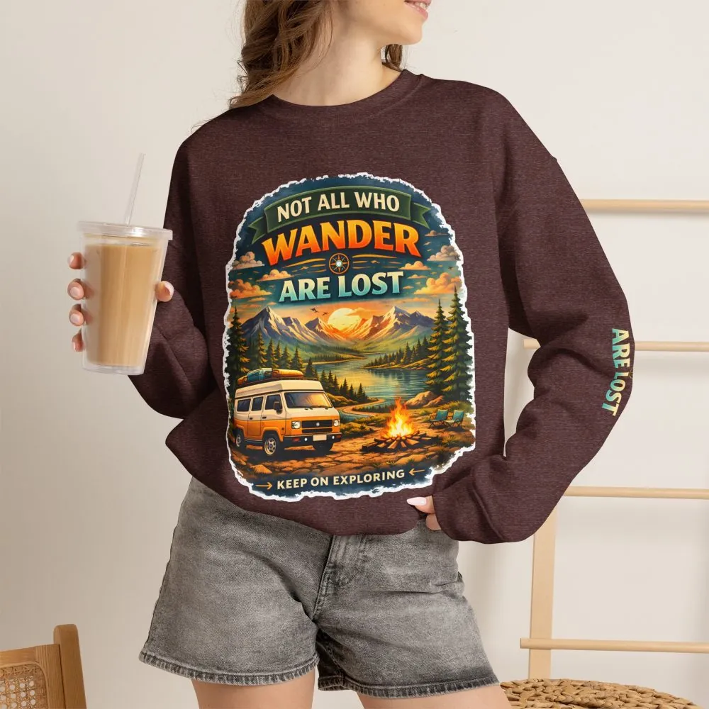 Unisex Heavy Blend™ Crewneck Sweatshirt — "Not All Who Wander Are Lost" Design Scenic-Line