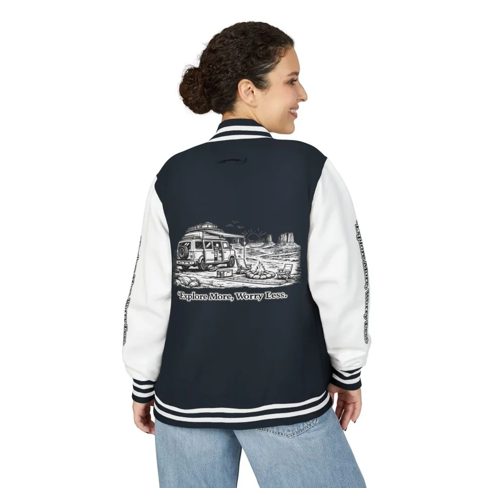 2556003011704285020_2048.jpeg Unisex Heavyweight Letterman Jacket — "Explore More Worry Less" Travel Varsity Coat