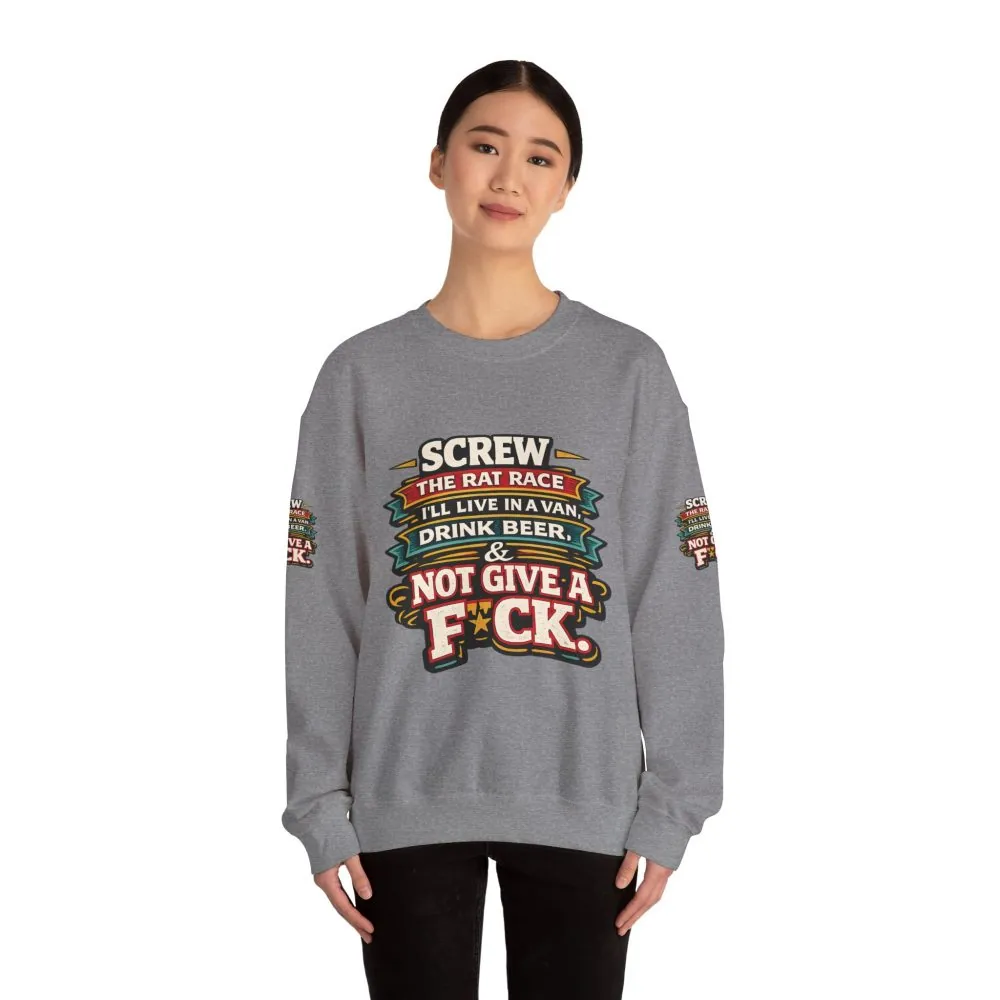 Unisex Heavy Blend™ Crewneck Sweatshirt — "Screw The Rat Race" Design F**K-Line