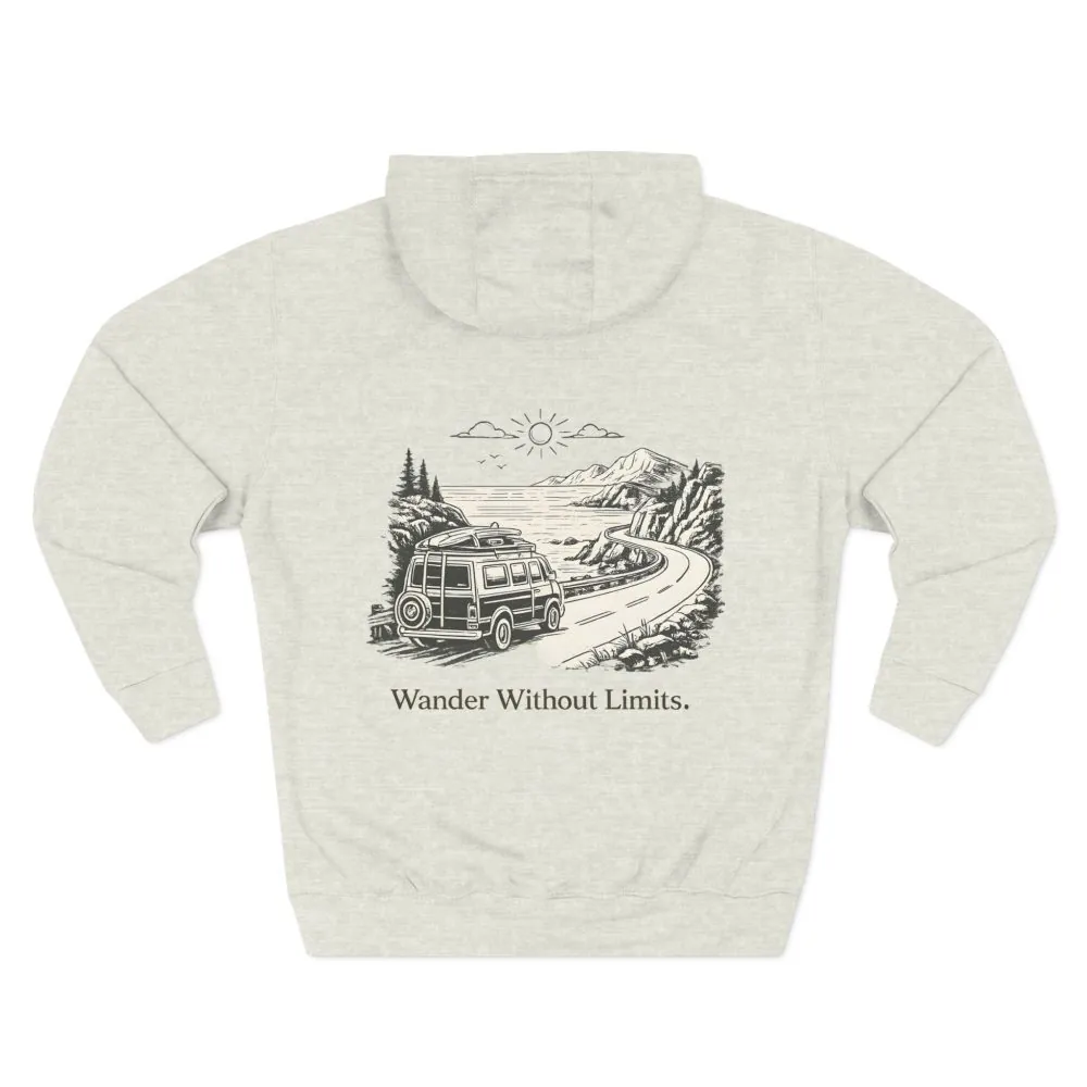 Three-Panel Fleece Hoodie - "Wander Without Limits" Design Minimal-Line