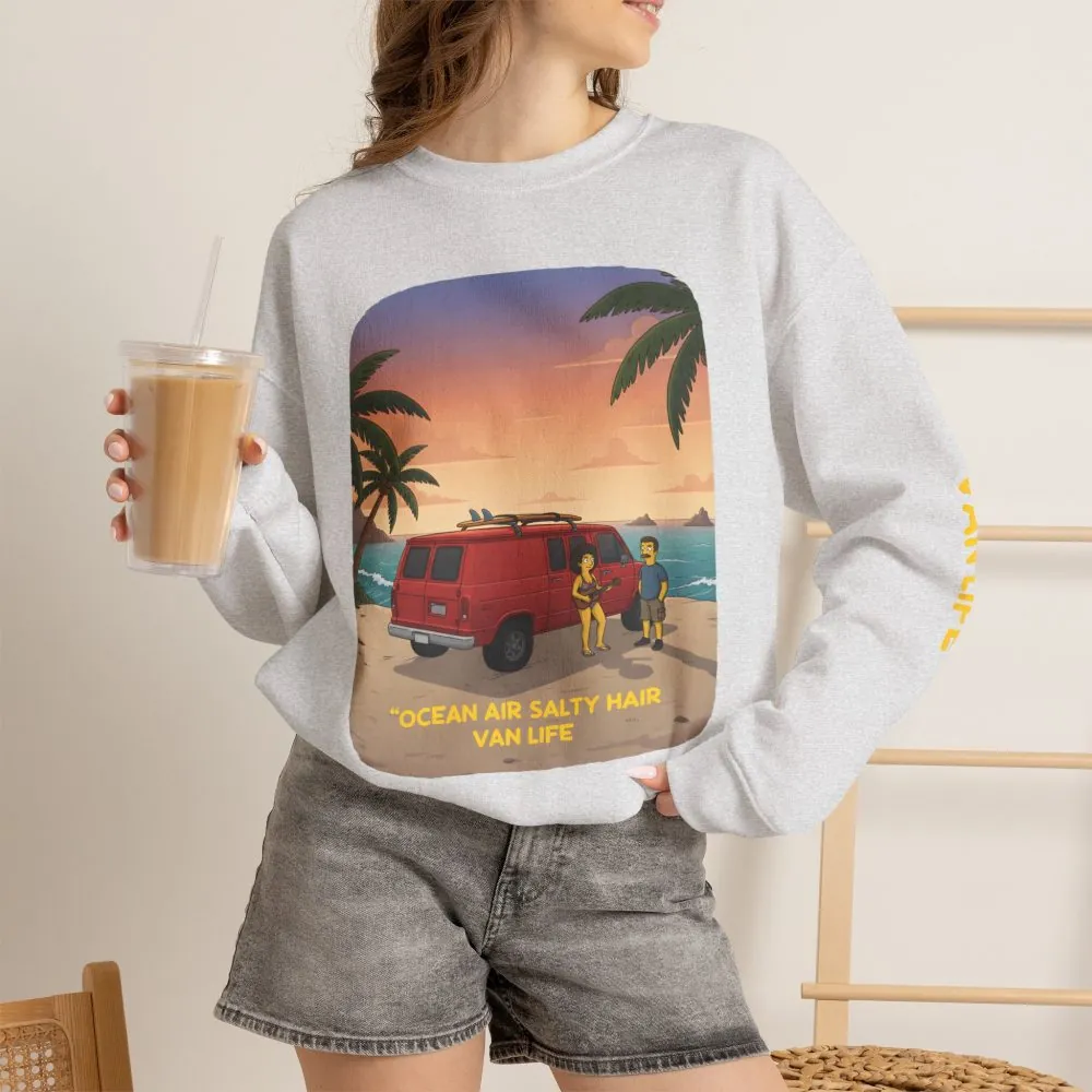 Unisex Heavy Blend™ Crewneck Sweatshirt — "Ocean Air Salty Hair Van Life" Design Sitcom-Line