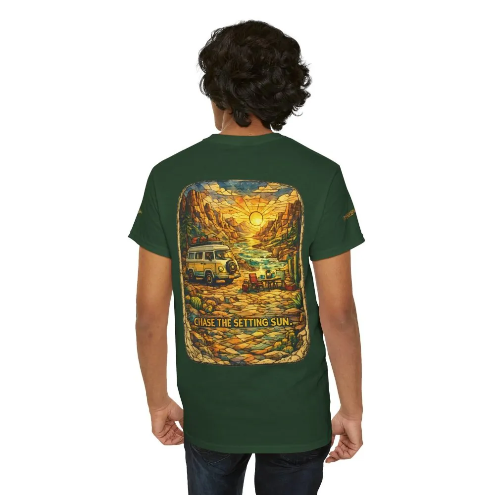 2634509204038639755_2048.jpeg Unisex Heavy Cotton Tee — "Chase The Settings Sun" Design Cubic-Line