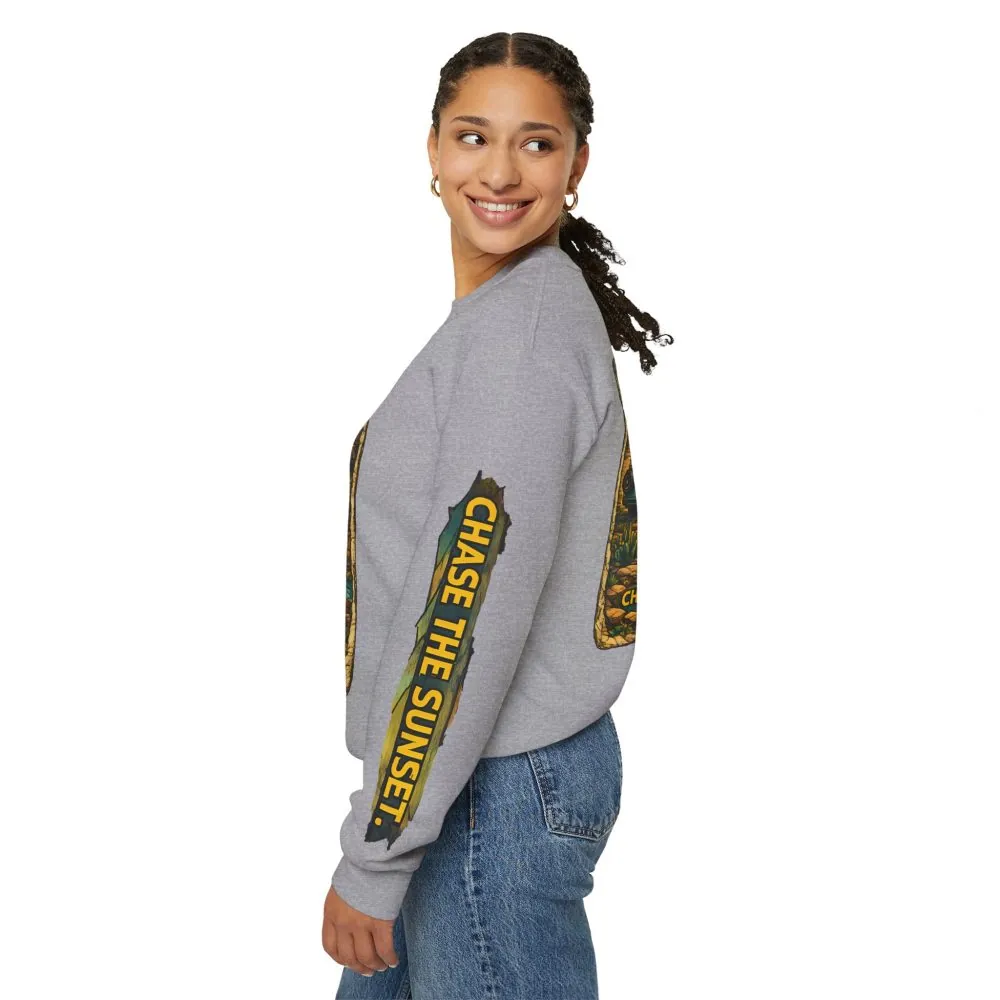 Unisex Heavy Blend™ Crewneck Sweatshirt — "Chase The Sunset" Design Cubic-Line