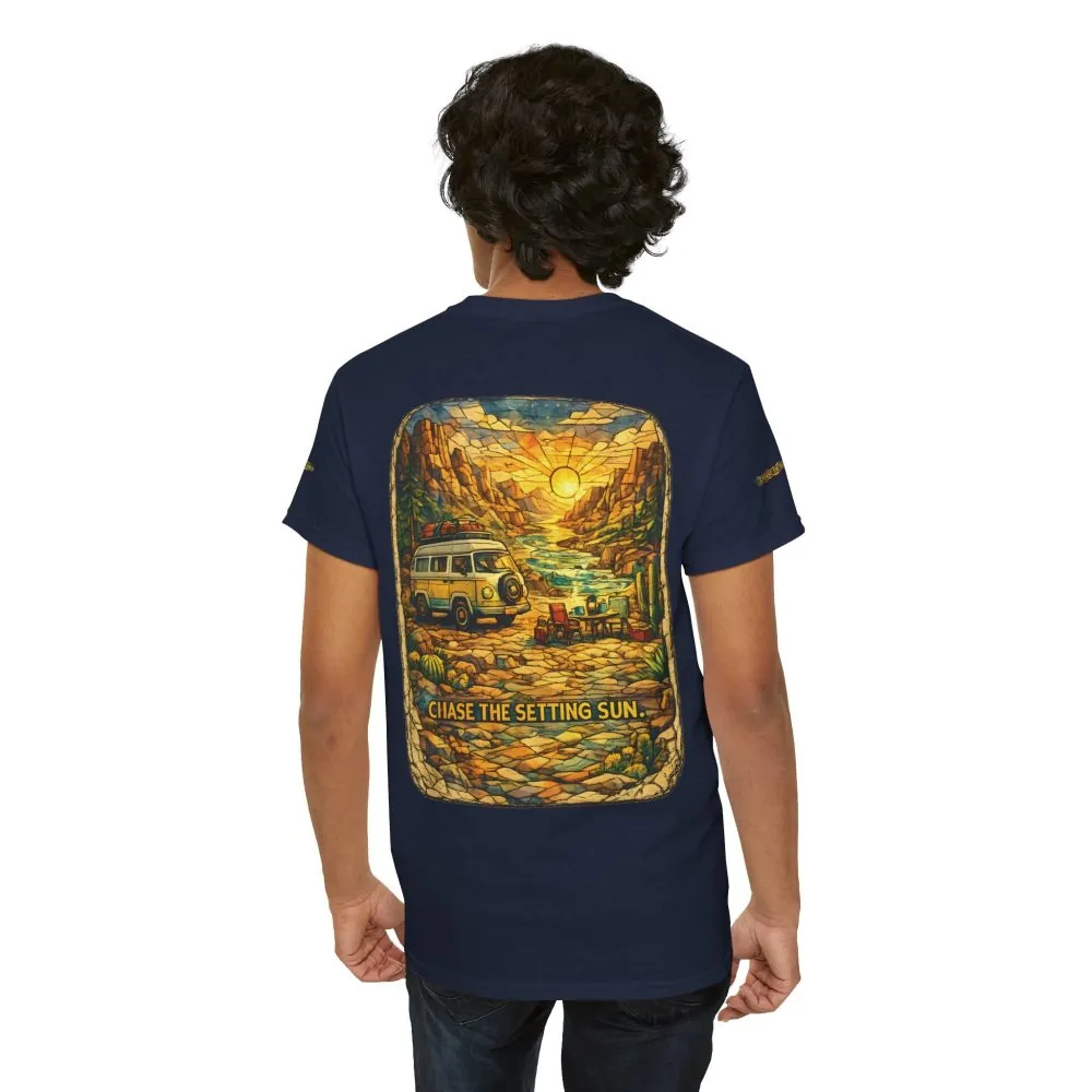 2671216230843030214_2048.jpeg Unisex Heavy Cotton Tee — "Chase The Settings Sun" Design Cubic-Line
