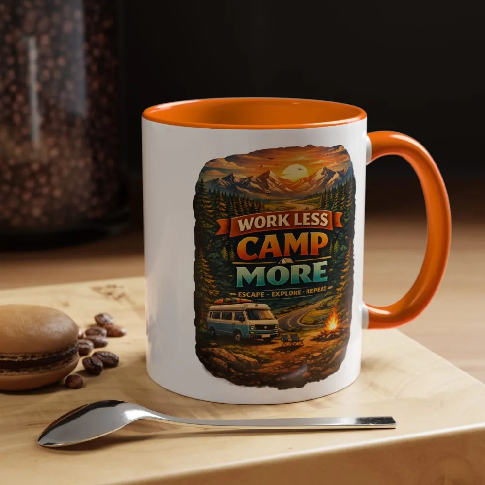 Accent Coffee Mug (11, 15oz) — "Work Less-Camp More" Design Scenic-Line