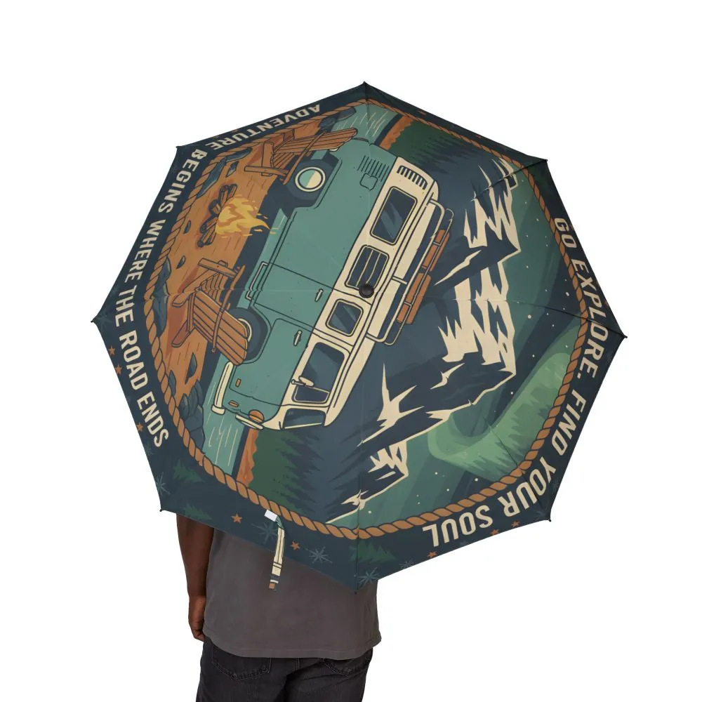 Semi-Automatic Foldable Umbrella — "Go Explore Find Your Soul" Vintage Adventure Print