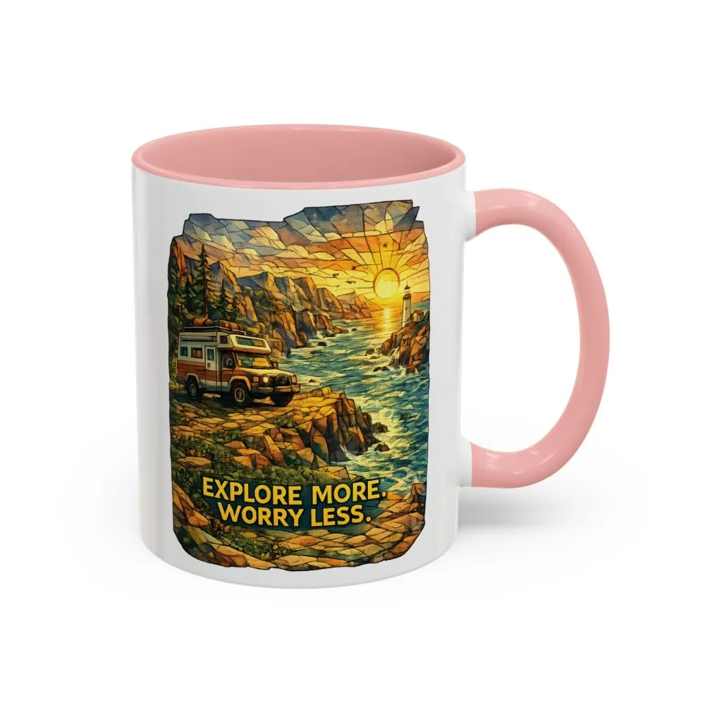 Accent Coffee Mug (11, 15oz) — "Explore More Worry Less" Design Cubic-Line