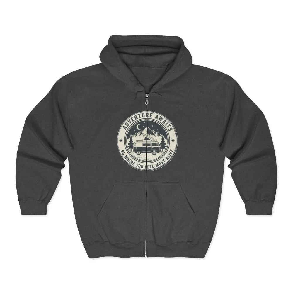 2740290986674656086_2048.jpeg Zip Hoodie — "Adventure Awaits-Go Where You Feel Most Alive" (Only Front Printed) Camper Van Adventure Zip-Up