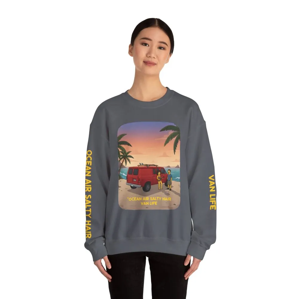 Unisex Heavy Blend™ Crewneck Sweatshirt — "Ocean Air Salty Hair Van Life" Design Sitcom-Line