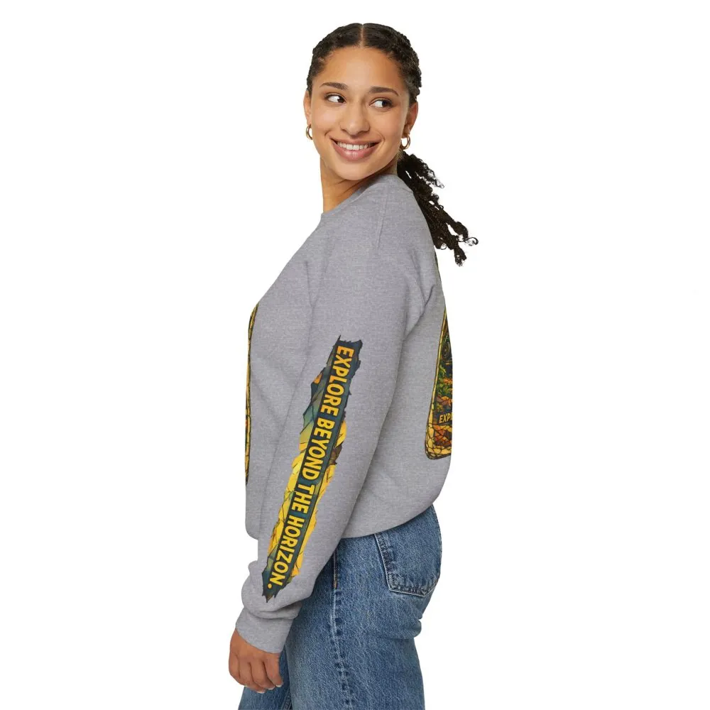 Unisex Heavy Blend™ Crewneck Sweatshirt — "Explore Beyond The Horizon" Design Cubic-Line