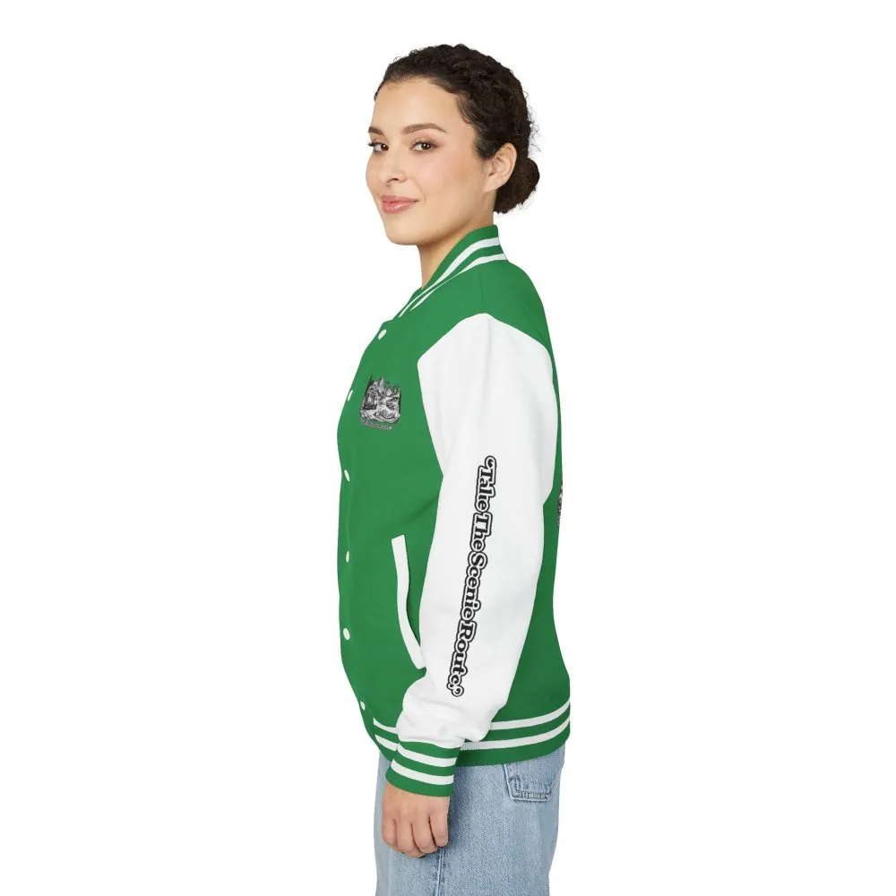 28732873037778559_2048.jpeg Unisex Heavyweight Letterman Jacket — "Take The Scenic Route" Travel Varsity Coat