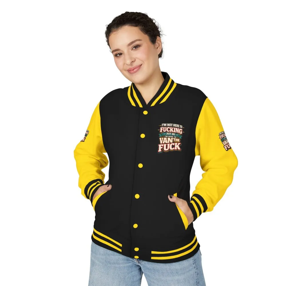 Unisex Heavyweight Letterman Jacket — "I´m Not Here To Fucking Fit In" Design F**K-Line