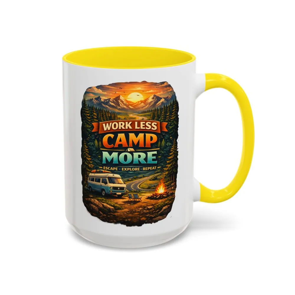 Accent Coffee Mug (11, 15oz) — "Work Less-Camp More" Design Scenic-Line