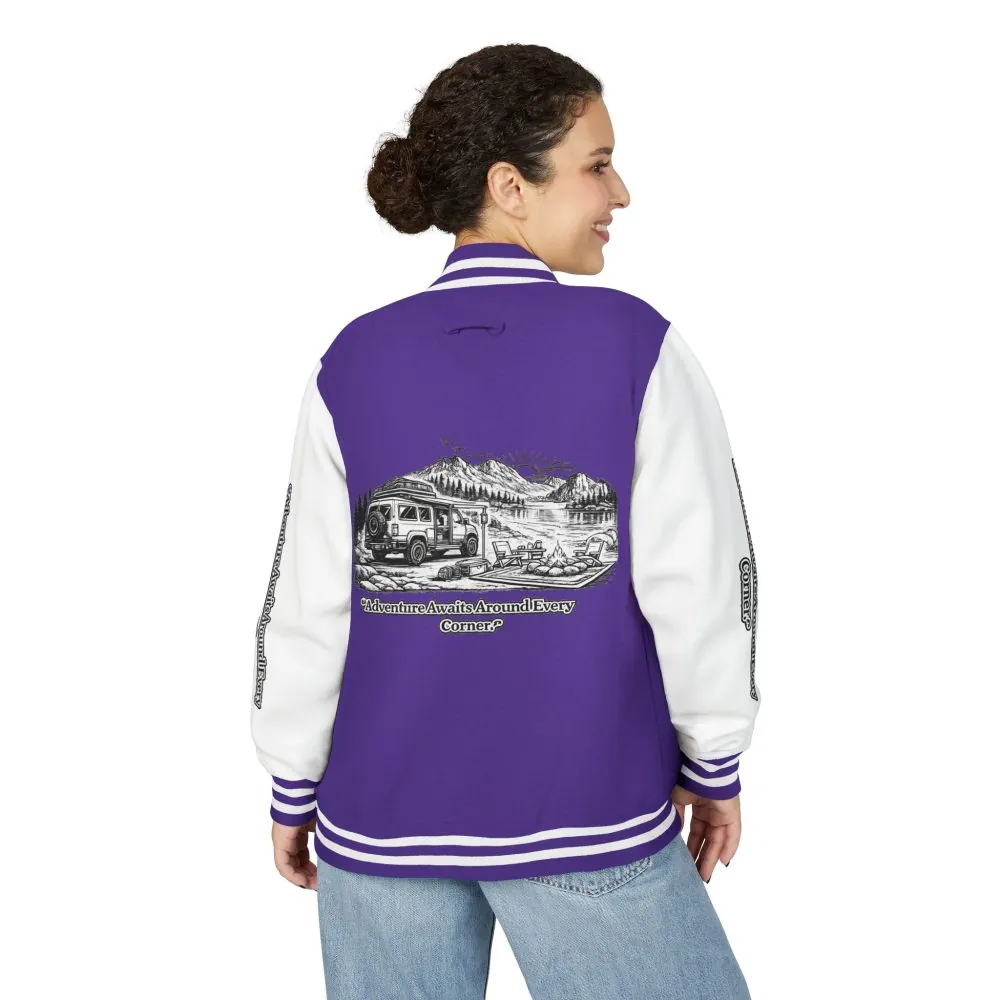 2982736341068585437_2048.jpeg Unisex Heavyweight Letterman Jacket — "Adventure Awaits Around Every Corner" Travel Varsity Coat