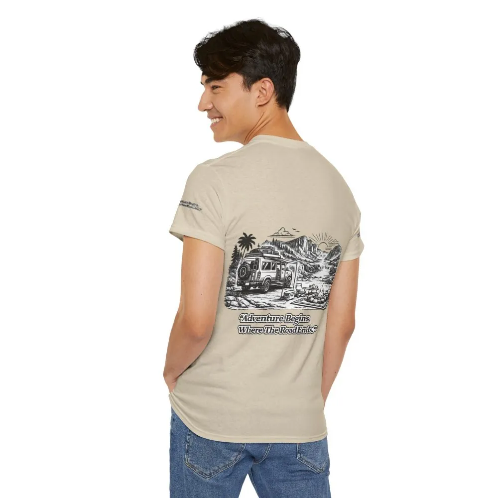 2984545756122805258_2048.jpeg Unisex Heavy Cotton Tee — "Adventure Begins Where The Road Ends" Design Minimal-Line