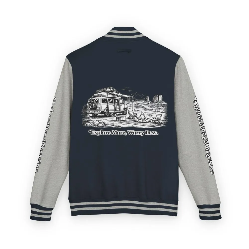 299881165517513638_2048.jpeg Unisex Heavyweight Letterman Jacket — "Explore More Worry Less" Travel Varsity Coat