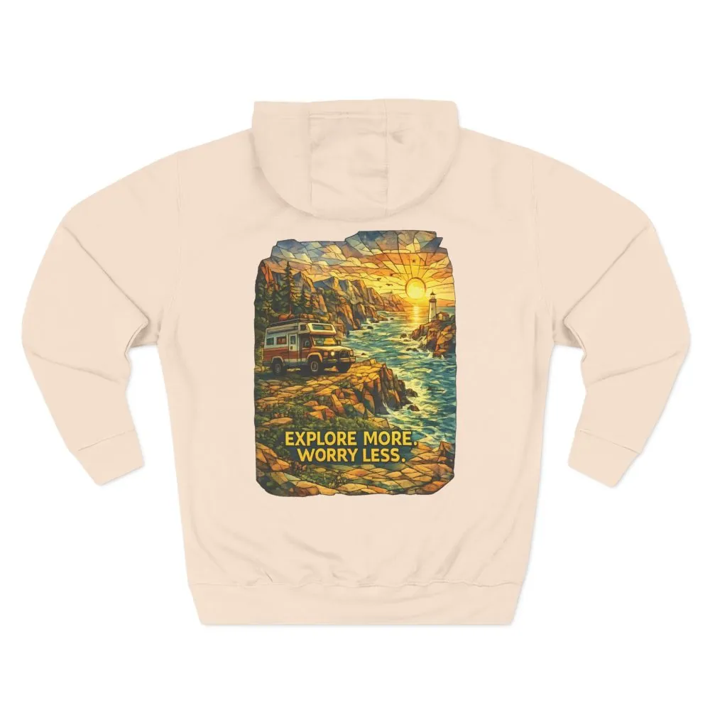 Three-Panel Fleece Hoodie - "Explore More Worry Less" Design Cubic-Line
