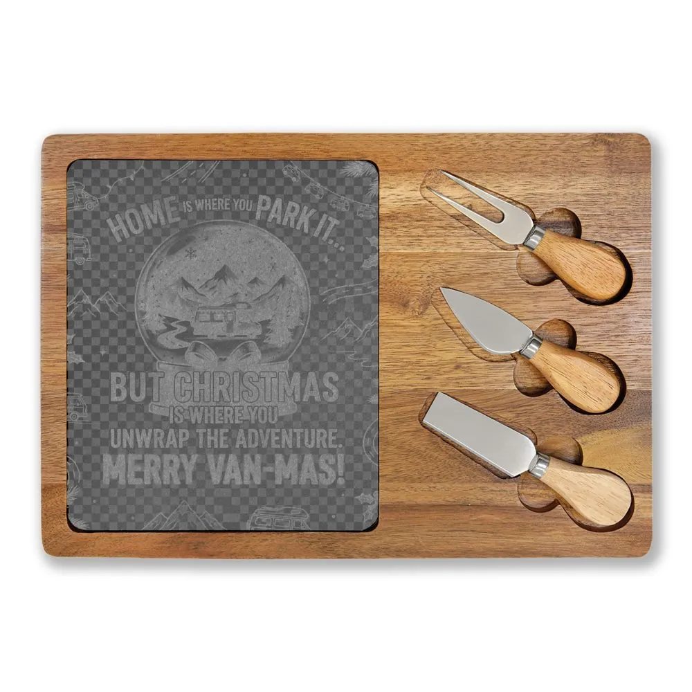 3004249327929365988_2048.jpeg "Gift" Engraved Oak Charcuterie Board with Cheese Tools — "Home Is Where You Park It-But Christmas Is Where You Unwrap The Adventure - Merry Van-mas"