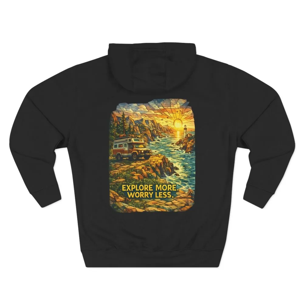 Three-Panel Fleece Hoodie - "Explore More Worry Less" Design Cubic-Line