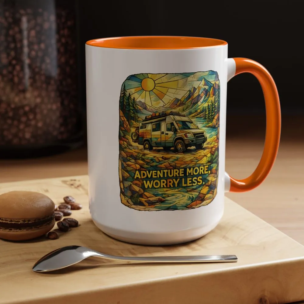 Accent Coffee Mug (11, 15oz) — "Adventure More Worry Less" Design Cubic-Line