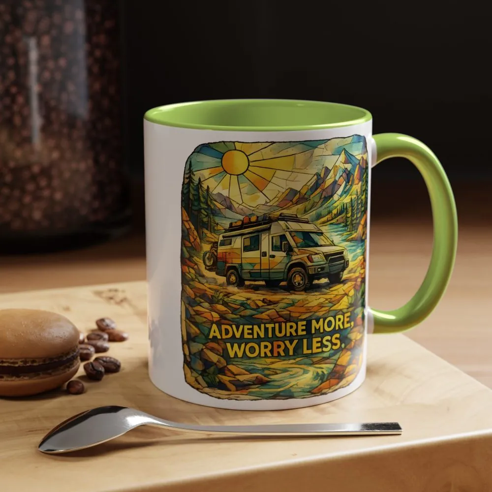 Accent Coffee Mug (11, 15oz) — "Adventure More Worry Less" Design Cubic-Line