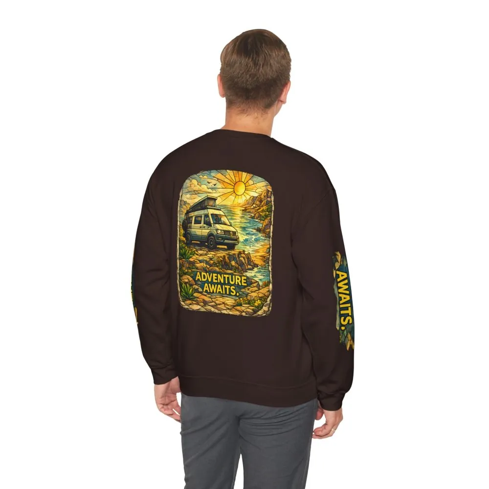 Unisex Heavy Blend™ Crewneck Sweatshirt — "Adventure Awaits" Design Cubic-Line