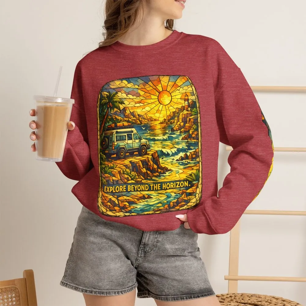 Unisex Heavy Blend™ Crewneck Sweatshirt — "Explore Beyond The Horizon" Design Cubic-Line