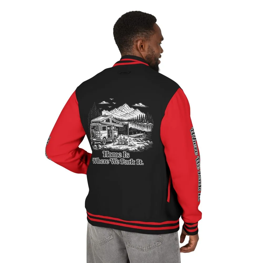 3107887572970889414_2048.jpeg Unisex Heavyweight Letterman Jacket — "Home Is Where You Park It" Travel Varsity Coat
