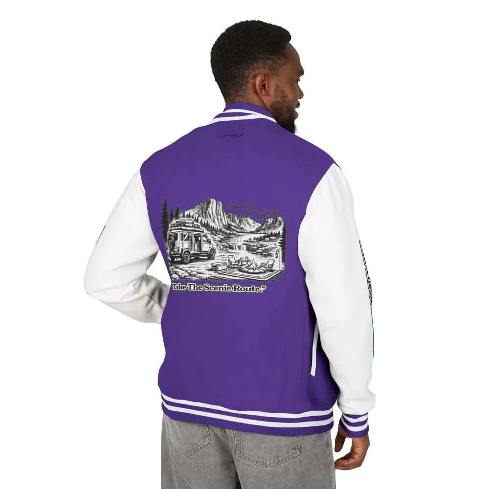 3118617513389512969_2048.jpeg Unisex Heavyweight Letterman Jacket — "Take The Scenic Route" Travel Varsity Coat