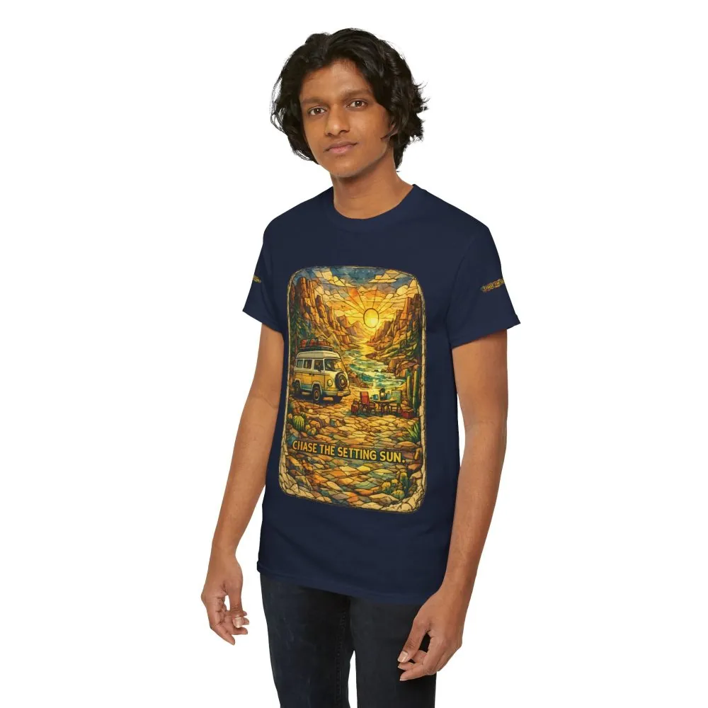 3145119949868140697_2048.jpeg Unisex Heavy Cotton Tee — "Chase The Settings Sun" Design Cubic-Line