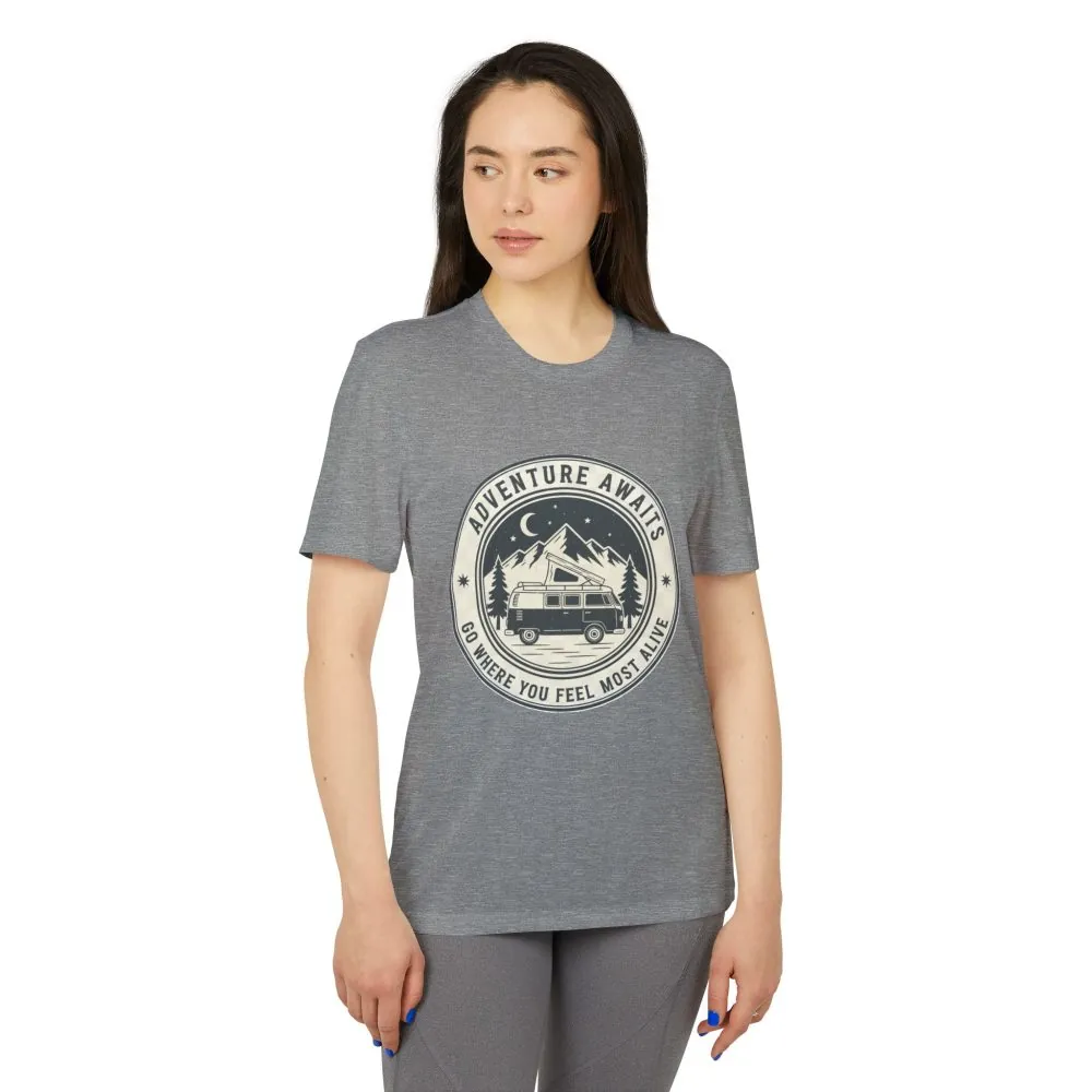 T-Shirt(Adidas) - 'Adventure Awaits-Go Where You Feel Most Alive' (Only Front printed)