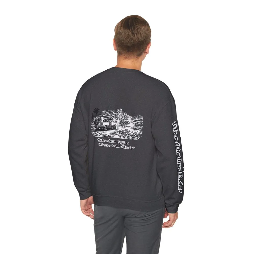 3183602710389850777_2048.jpeg Unisex Heavy Blend™ Crewneck Sweatshirt — "Adventure Begins Where The Road Ends" Design Minimal-Line