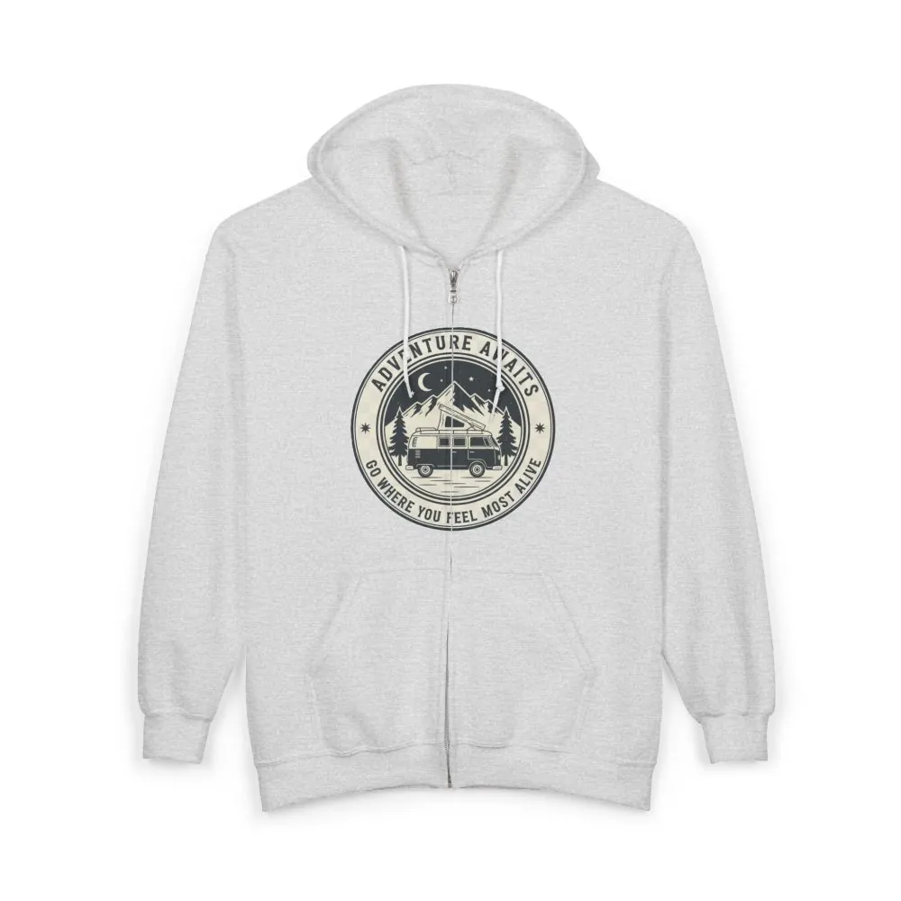 3205542737967056995_2048.jpeg Zip Hoodie — "Adventure Awaits-Go Where You Feel Most Alive" (Only Front Printed) Camper Van Adventure Zip-Up