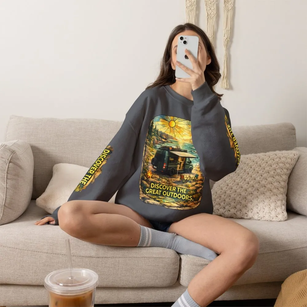 3233637846500012982_2048.jpeg Unisex Heavy Blend™ Crewneck Sweatshirt — "Discover The Great Outdoors" Design Cubic-Line