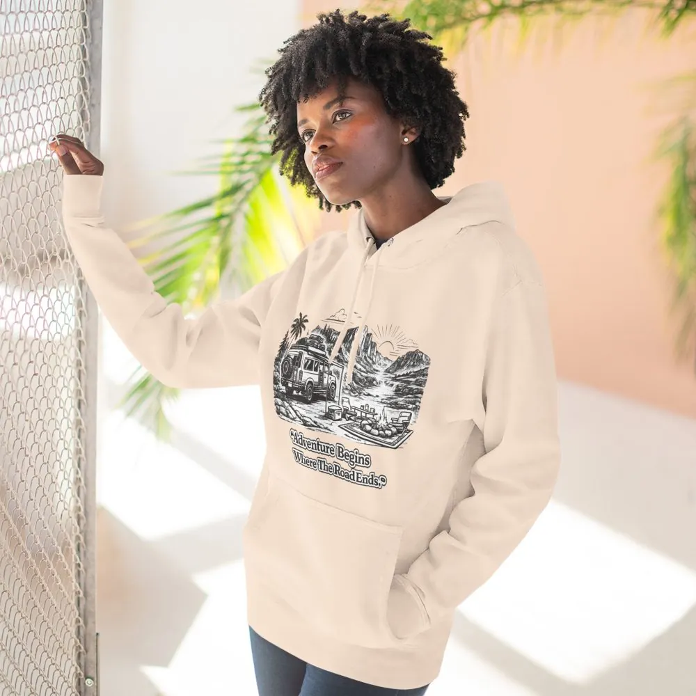 3262377771480705287_2048.jpeg Three-Panel Fleece Hoodie - "Adventure Begins Where The Road Ends" Design Minimal-Line