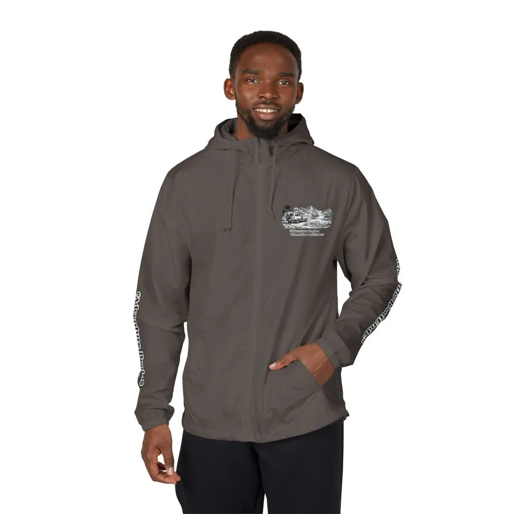 Unisex Full-Zip Windbreaker Jacket — "Adventure Begins Where Roads End" (Design "Minimal-Line")